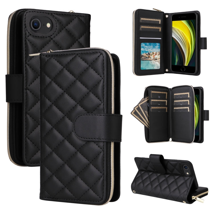 For iPhone SE 2022 / SE 2020 / 8 Crossbody Rhombic Zipper Tower Buckle Leather Phone Case with Lanyard(Black) - iPhone SE 2022 / 2020 / 8 / 7 Cases by buy2fix | Online Shopping UK | buy2fix