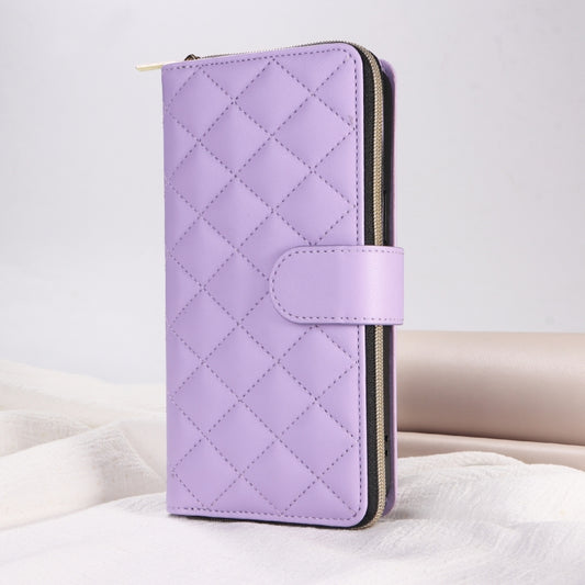 For iPhone 13 Pro Max Crossbody Rhombic Zipper Tower Buckle Leather Phone Case with Lanyard(Purple) - iPhone 13 Pro Max Cases by buy2fix | Online Shopping UK | buy2fix