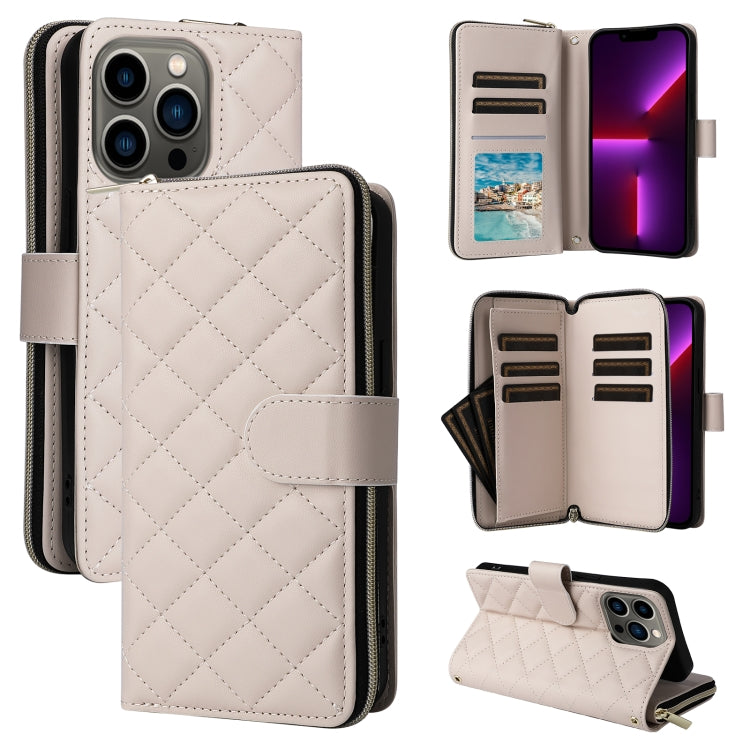 For iPhone 13 Pro Crossbody Rhombic Zipper Tower Buckle Leather Phone Case with Lanyard(Beige) - iPhone 13 Pro Cases by buy2fix | Online Shopping UK | buy2fix
