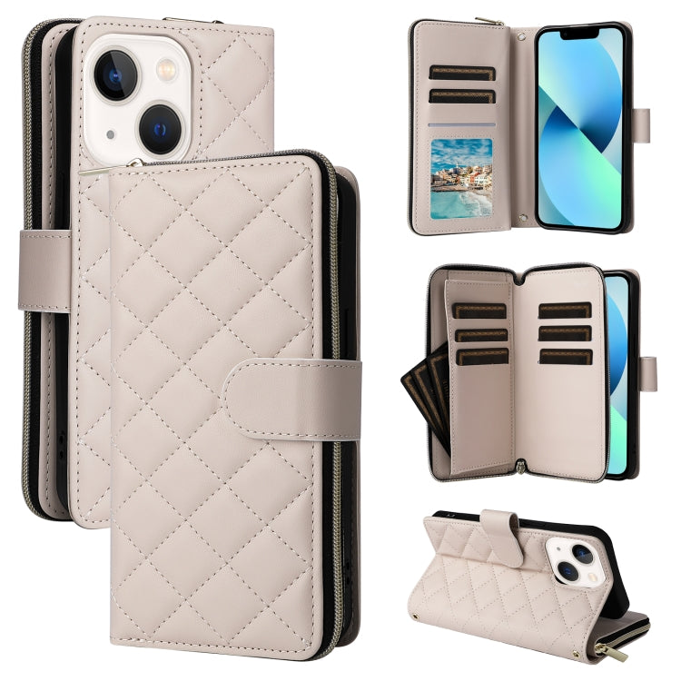 For iPhone 13 mini Crossbody Rhombic Zipper Tower Buckle Leather Phone Case with Lanyard(Beige) - iPhone 13 mini Cases by buy2fix | Online Shopping UK | buy2fix