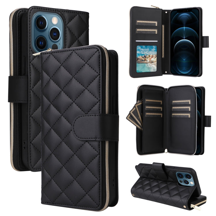 For iPhone 12 Pro Max Crossbody Rhombic Zipper Tower Buckle Leather Phone Case with Lanyard(Black) - iPhone 12 Pro Max Cases by buy2fix | Online Shopping UK | buy2fix