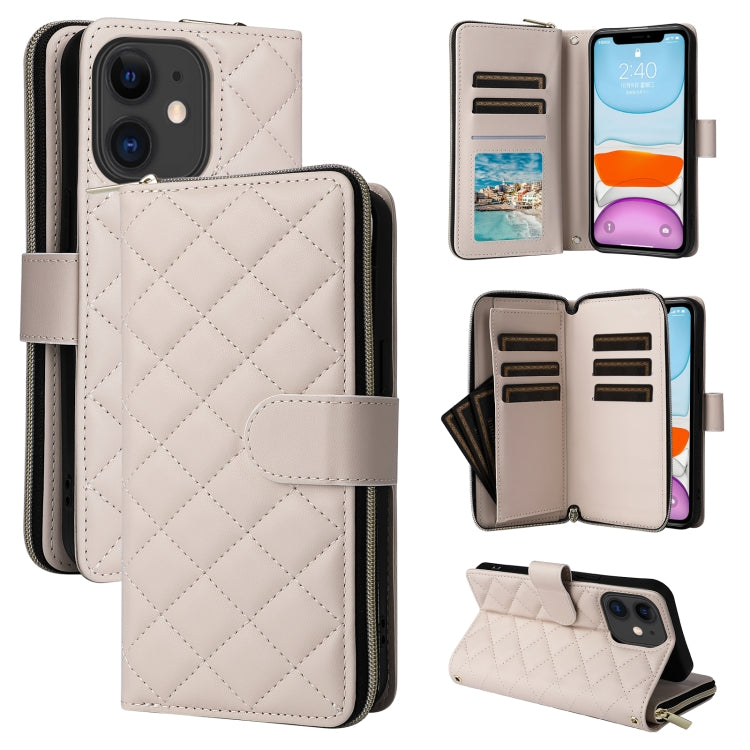 For iPhone 11 Crossbody Rhombic Zipper Tower Buckle Leather Phone Case with Lanyard(Beige) - iPhone 11 Cases by buy2fix | Online Shopping UK | buy2fix