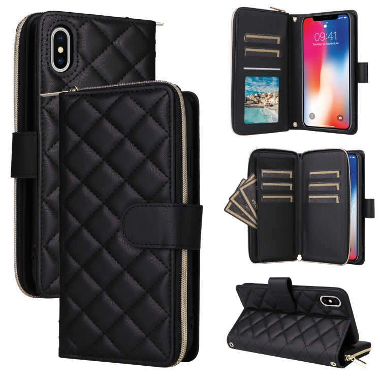 For iPhone X / XS Crossbody Rhombic Zipper Tower Buckle Leather Phone Case with Lanyard(Black) - More iPhone Cases by buy2fix | Online Shopping UK | buy2fix