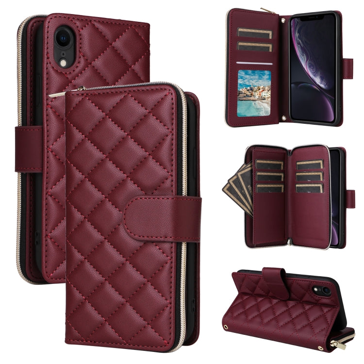 For iPhone XR Crossbody Rhombic Zipper Tower Buckle Leather Phone Case with Lanyard(Wine Red) - More iPhone Cases by buy2fix | Online Shopping UK | buy2fix