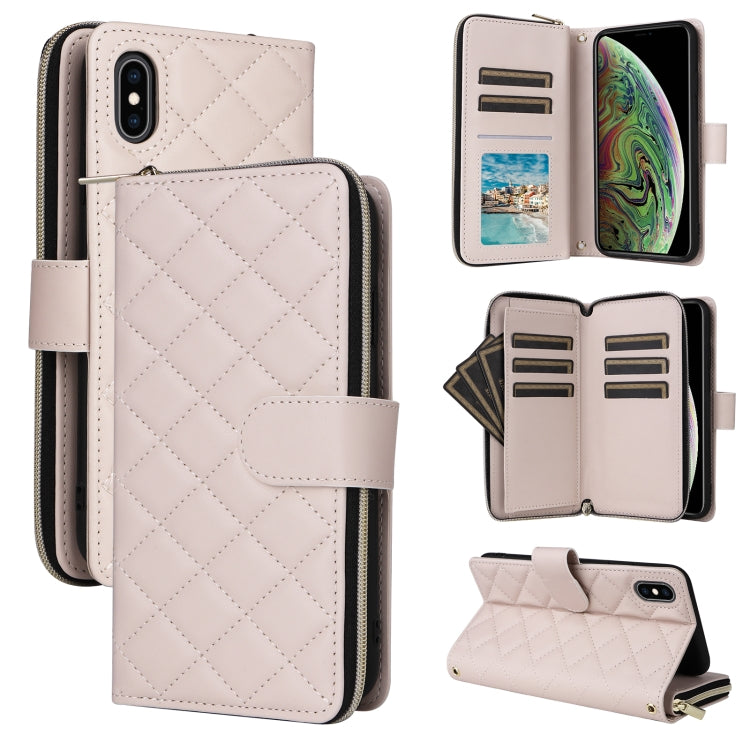 For iPhone XS Max Crossbody Rhombic Zipper Tower Buckle Leather Phone Case with Lanyard(Beige) - More iPhone Cases by buy2fix | Online Shopping UK | buy2fix