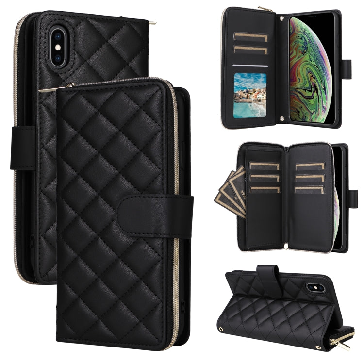 For iPhone XS Max Crossbody Rhombic Zipper Tower Buckle Leather Phone Case with Lanyard(Black) - More iPhone Cases by buy2fix | Online Shopping UK | buy2fix