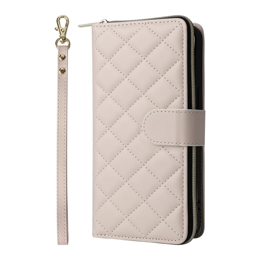 For iPhone 16 Pro Crossbody Rhombic Zipper Tower Buckle Leather Phone Case with Lanyard(Beige) by buy2fix