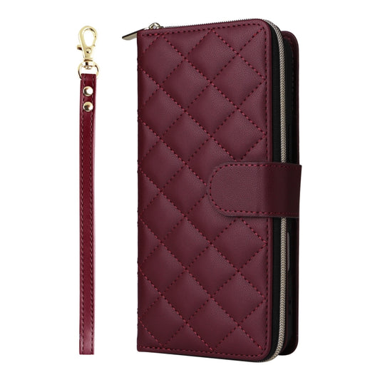 For iPhone 16 Plus Crossbody Rhombic Zipper Tower Buckle Leather Phone Case with Lanyard(Wine Red) by buy2fix