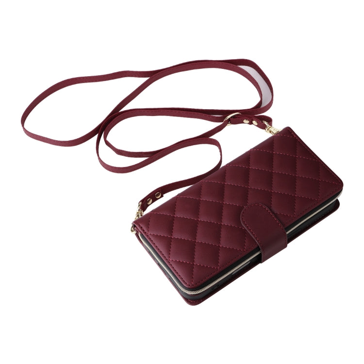 For iPhone 16 Plus Crossbody Rhombic Zipper Tower Buckle Leather Phone Case with Lanyard(Wine Red) by buy2fix
