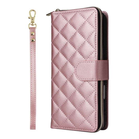 For iPhone 16 Plus Crossbody Rhombic Zipper Tower Buckle Leather Phone Case with Lanyard(Rose Gold) by buy2fix