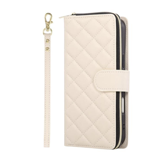 For iPhone Air Crossbody Rhombic Zipper Tower Buckle Leather Phone Case with Lanyard(Beige) - iPhone Air Cases by buy2fix | Online Shopping UK | buy2fix