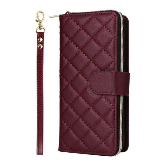 For Samsung Galaxy S25 5G Crossbody Rhombic Zipper Tower Buckle Leather Phone Case with Lanyard(Wine Red) by buy2fix