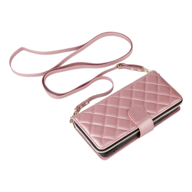 For Samsung Galaxy S25 5G Crossbody Rhombic Zipper Tower Buckle Leather Phone Case with Lanyard(Rose Gold) by buy2fix