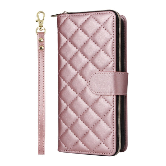 For Samsung Galaxy S25+ 5G Crossbody Rhombic Zipper Tower Buckle Leather Phone Case with Lanyard(Rose Gold) by buy2fix