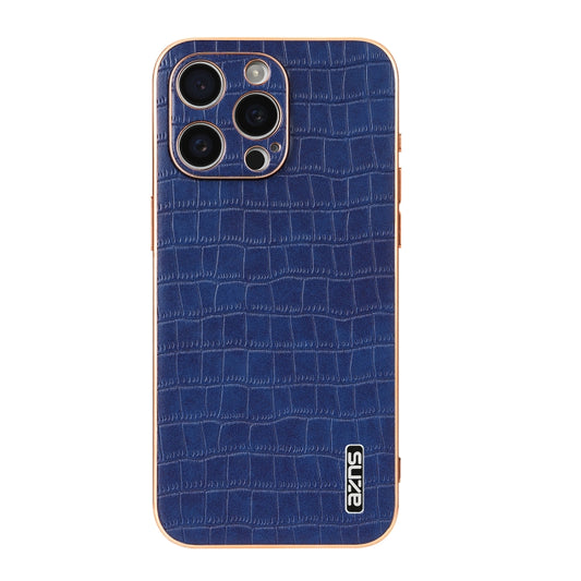 For iPhone 16 Pro AZNS Electroplated Frame Crocodile Texture Full Coverage Phone Case(Blue) by AZNS