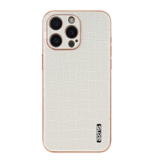 For iPhone 16 Pro AZNS Electroplated Frame Crocodile Texture Full Coverage Phone Case(White) by AZNS