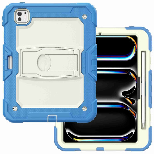 For iPad Pro 11 2025 / 2024 Silicone Hydric PC Tablet Case with Shoulder Strap & Holder(Beige Cyan-blue) by buy2fix
