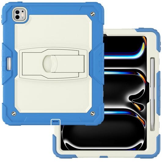For iPad Pro 13 2025 / 2024 Silicone Hydric PC Tablet Case with Shoulder Strap & Holder(Beige Cyan-blue) by buy2fix