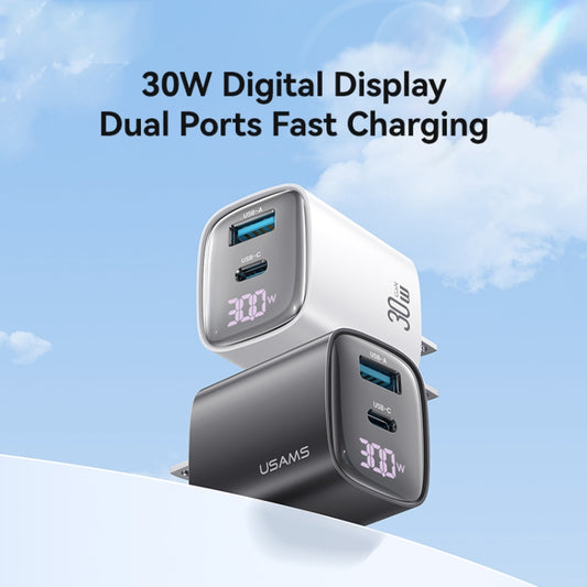 USAMS CC230 30W USB+USB-C / Type-C Dual Port GaN Digital Display Charger, Specifications: US Plug(Black) by USAMS