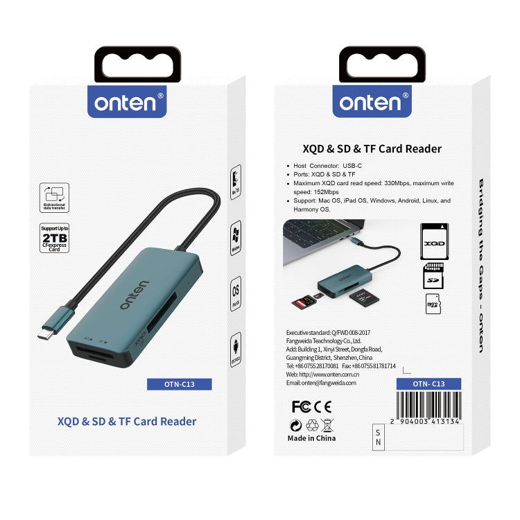 Onten C13 3 in 1 USB-C / Type-C to XQD & SD & TF Card Reader(Pine Green) by Onten