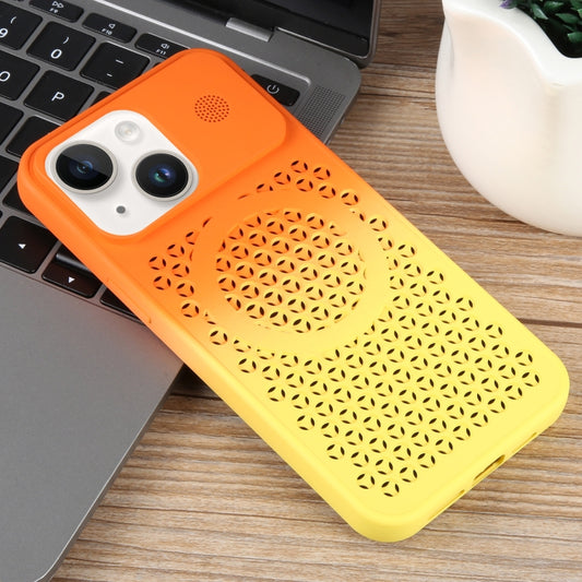 For iPhone 15 Plus Gradient Color Honeycomb Aromatherapy MagSafe Phone Case(Orange Yellow) by buy2fix