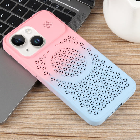 For iPhone 15 Gradient Color Honeycomb Aromatherapy MagSafe Phone Case(Pink Blue) by buy2fix