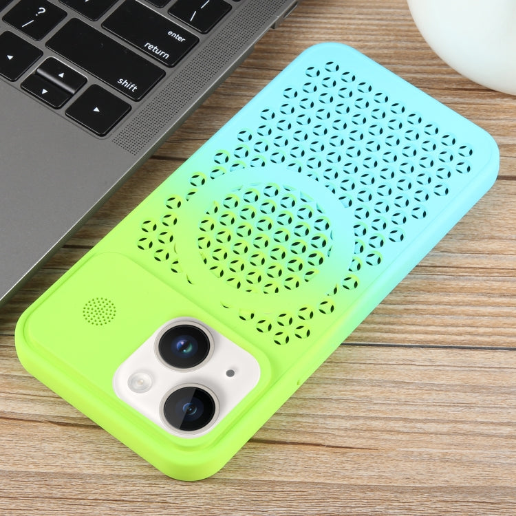 For iPhone 14 Gradient Color Honeycomb Aromatherapy MagSafe Phone Case(Green Blue) by buy2fix