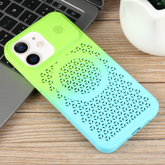 For iPhone 12 Gradient Color Honeycomb Aromatherapy MagSafe Phone Case(Green Blue) by buy2fix