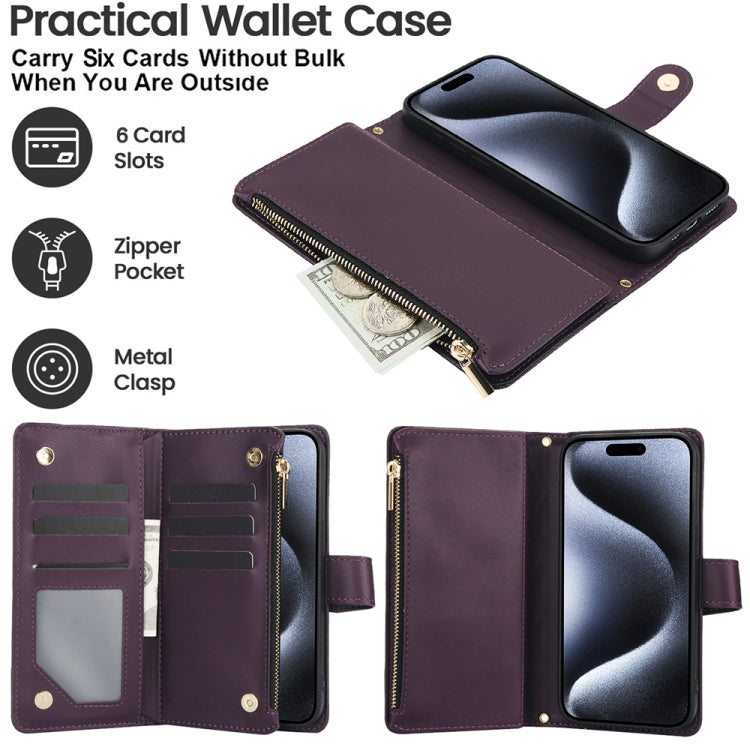 For iPhone 15 Pro YM016 Rhombic Zipper Card Wallet Leather Phone Case with Lanyard(Dark Purple) - iPhone 15 Pro Cases by buy2fix | Online Shopping UK | buy2fix