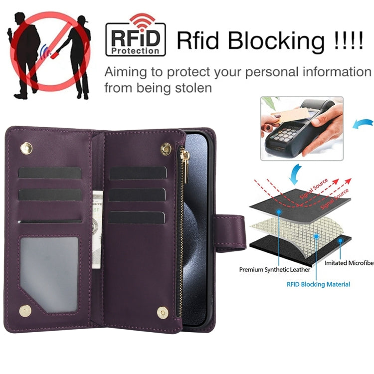 For iPhone 15 Pro YM016 Rhombic Zipper Card Wallet Leather Phone Case with Lanyard(Dark Purple) - iPhone 15 Pro Cases by buy2fix | Online Shopping UK | buy2fix