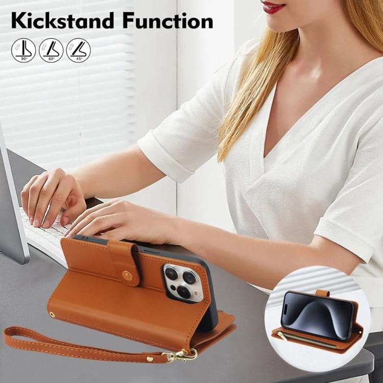 For iPhone 15 Pro YM016 Rhombic Zipper Card Wallet Leather Phone Case with Lanyard(Brown) - iPhone 15 Pro Cases by buy2fix | Online Shopping UK | buy2fix