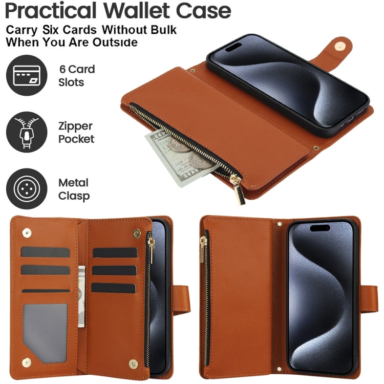 For iPhone 15 Pro YM016 Rhombic Zipper Card Wallet Leather Phone Case with Lanyard(Brown) - iPhone 15 Pro Cases by buy2fix | Online Shopping UK | buy2fix
