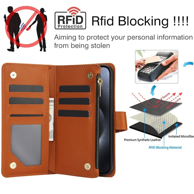 For iPhone 15 Pro YM016 Rhombic Zipper Card Wallet Leather Phone Case with Lanyard(Brown) - iPhone 15 Pro Cases by buy2fix | Online Shopping UK | buy2fix