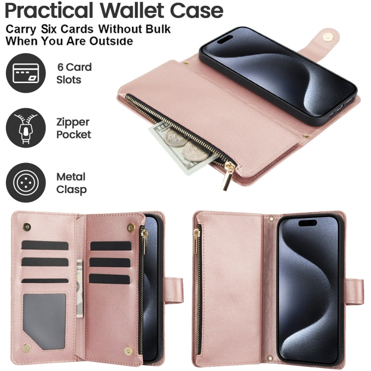 For iPhone 15 Pro YM016 Rhombic Zipper Card Wallet Leather Phone Case with Lanyard(Rose Gold) - iPhone 15 Pro Cases by buy2fix | Online Shopping UK | buy2fix