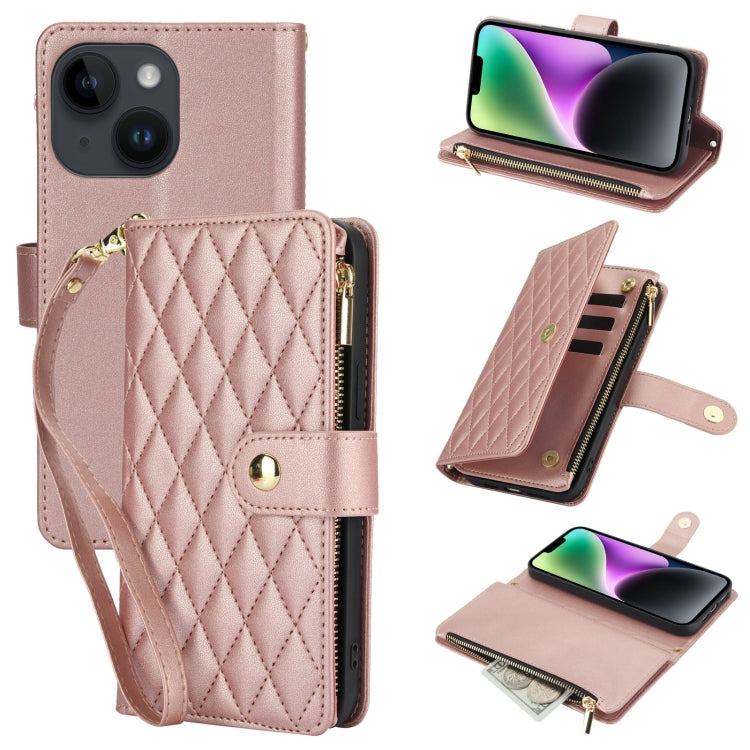 For iPhone 13 YM016 Rhombic Zipper Card Wallet Leather Phone Case with Lanyard(Rose Gold) - iPhone 13 Cases by buy2fix | Online Shopping UK | buy2fix