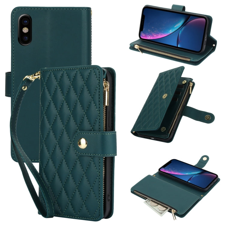 For iPhone X / XS YM016 Rhombic Zipper Card Wallet Leather Phone Case with Lanyard(Green) - More iPhone Cases by buy2fix | Online Shopping UK | buy2fix