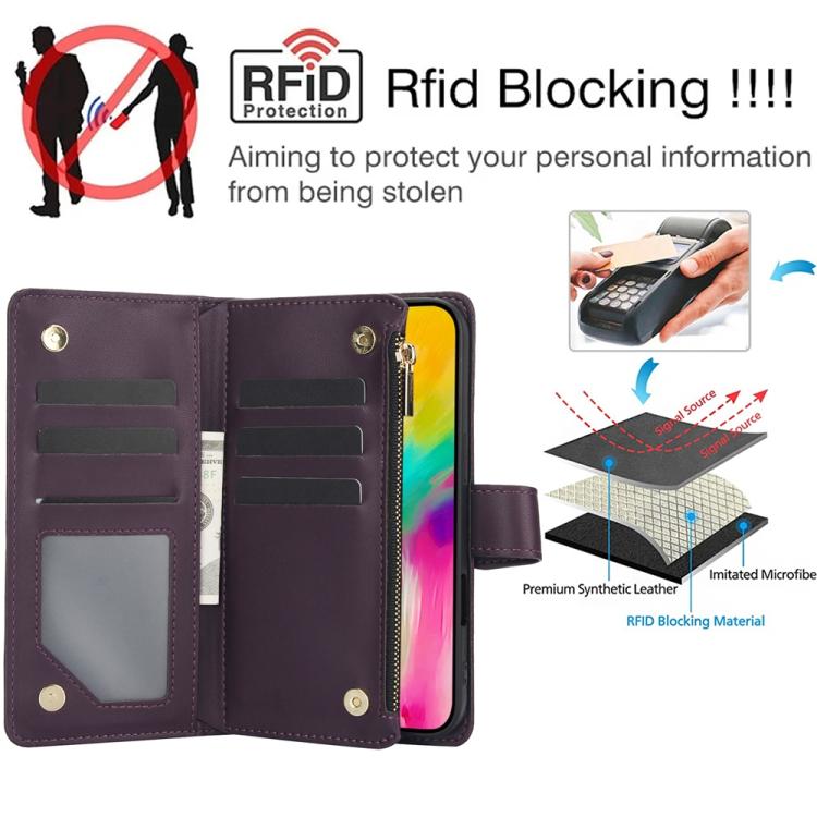 For iPhone 16 Pro YM016 Rhombic Zipper Card Wallet Leather Phone Case with Lanyard(Dark Purple) - iPhone 16 Pro Cases by buy2fix | Online Shopping UK | buy2fix