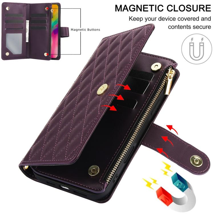For iPhone 16 Pro YM016 Rhombic Zipper Card Wallet Leather Phone Case with Lanyard(Dark Purple) - iPhone 16 Pro Cases by buy2fix | Online Shopping UK | buy2fix