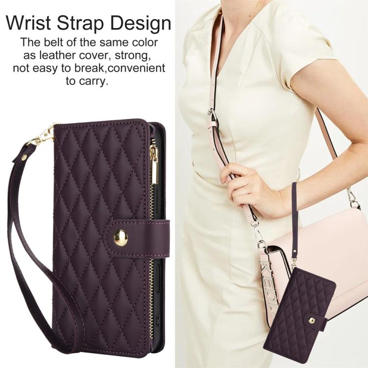 For iPhone 16 Pro YM016 Rhombic Zipper Card Wallet Leather Phone Case with Lanyard(Dark Purple) - iPhone 16 Pro Cases by buy2fix | Online Shopping UK | buy2fix