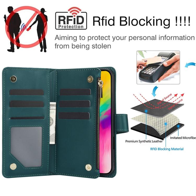 For iPhone 16 Pro YM016 Rhombic Zipper Card Wallet Leather Phone Case with Lanyard(Green) - iPhone 16 Pro Cases by buy2fix | Online Shopping UK | buy2fix