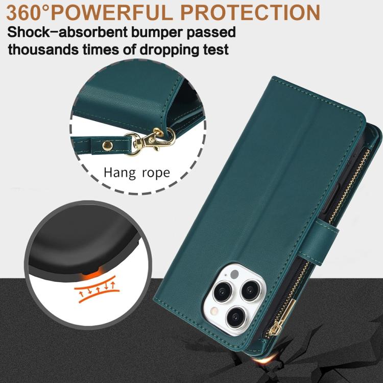 For iPhone 16 Pro YM016 Rhombic Zipper Card Wallet Leather Phone Case with Lanyard(Green) - iPhone 16 Pro Cases by buy2fix | Online Shopping UK | buy2fix