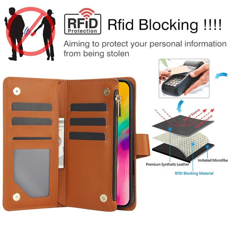 For iPhone 16 Pro YM016 Rhombic Zipper Card Wallet Leather Phone Case with Lanyard(Brown) - iPhone 16 Pro Cases by buy2fix | Online Shopping UK | buy2fix
