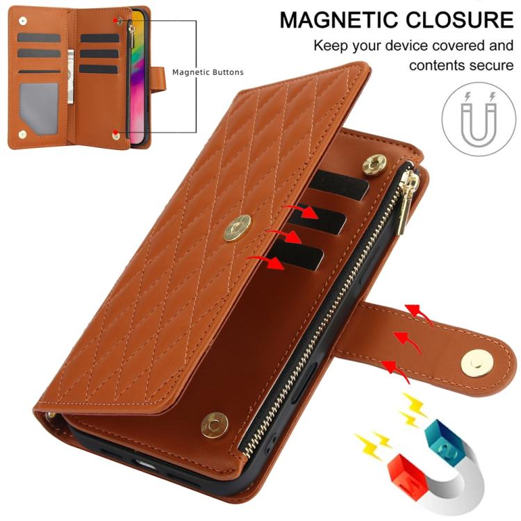 For iPhone 16 Pro YM016 Rhombic Zipper Card Wallet Leather Phone Case with Lanyard(Brown) - iPhone 16 Pro Cases by buy2fix | Online Shopping UK | buy2fix