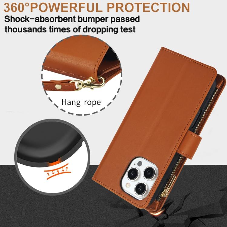 For iPhone 16 Pro YM016 Rhombic Zipper Card Wallet Leather Phone Case with Lanyard(Brown) - iPhone 16 Pro Cases by buy2fix | Online Shopping UK | buy2fix