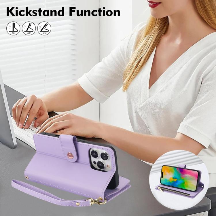 For iPhone 16 Pro YM016 Rhombic Zipper Card Wallet Leather Phone Case with Lanyard(Light Purple) - iPhone 16 Pro Cases by buy2fix | Online Shopping UK | buy2fix
