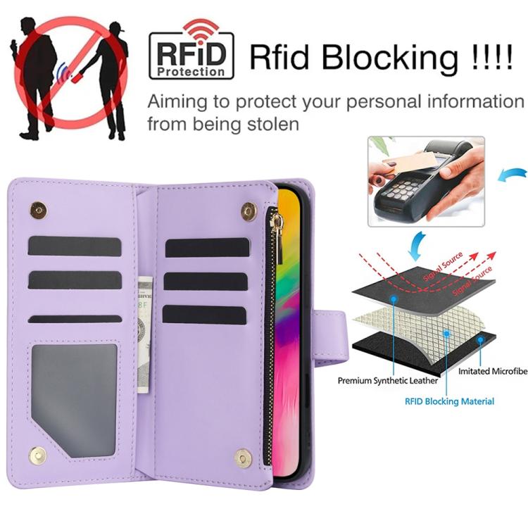 For iPhone 16 Pro YM016 Rhombic Zipper Card Wallet Leather Phone Case with Lanyard(Light Purple) - iPhone 16 Pro Cases by buy2fix | Online Shopping UK | buy2fix