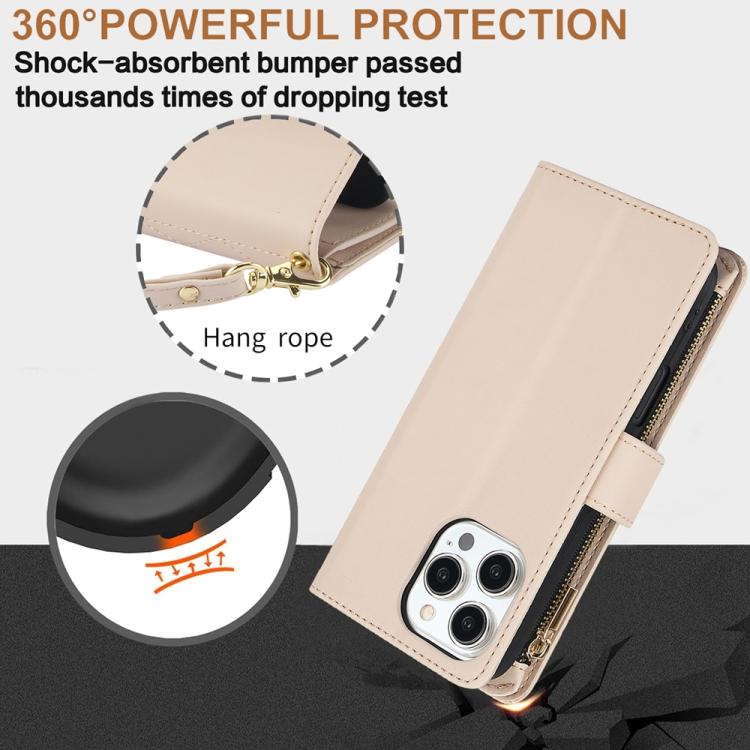 For iPhone 16 Pro YM016 Rhombic Zipper Card Wallet Leather Phone Case with Lanyard(Apricot) - iPhone 16 Pro Cases by buy2fix | Online Shopping UK | buy2fix