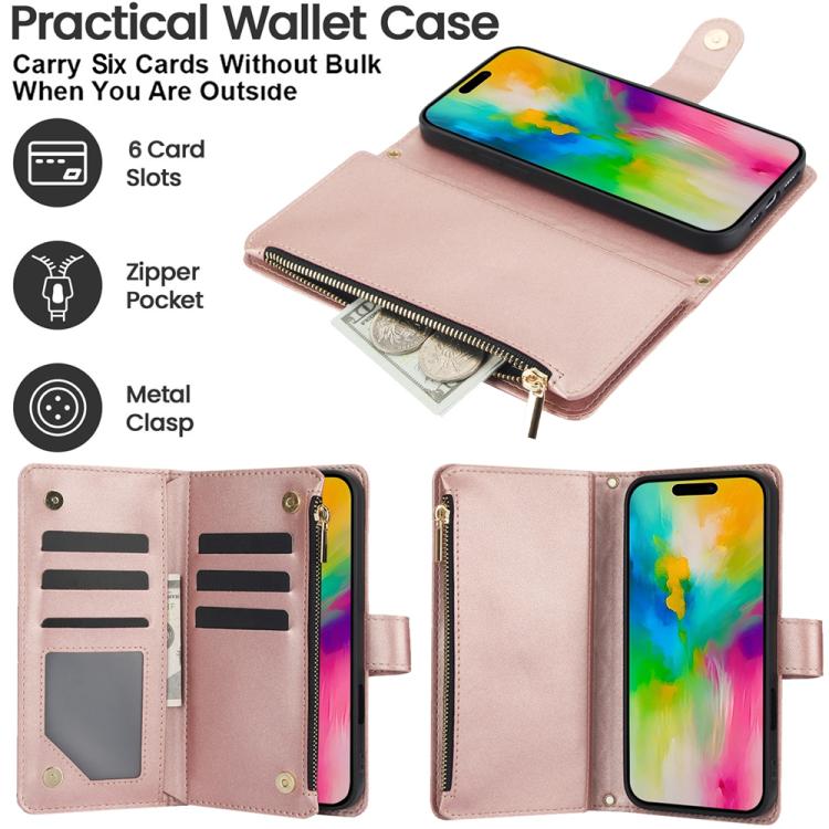 For iPhone 16 Pro YM016 Rhombic Zipper Card Wallet Leather Phone Case with Lanyard(Rose Gold) - iPhone 16 Pro Cases by buy2fix | Online Shopping UK | buy2fix