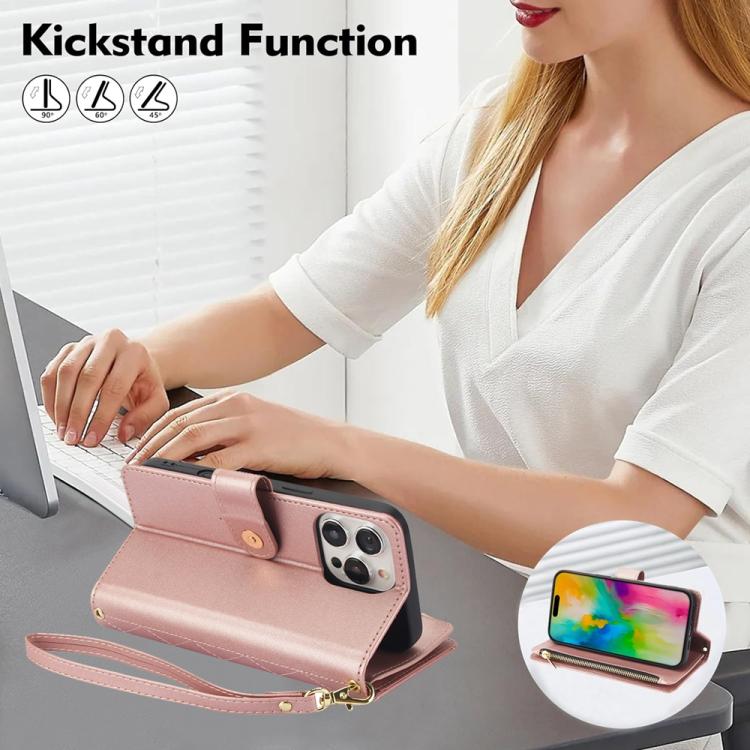 For iPhone 16 Pro YM016 Rhombic Zipper Card Wallet Leather Phone Case with Lanyard(Rose Gold) - iPhone 16 Pro Cases by buy2fix | Online Shopping UK | buy2fix