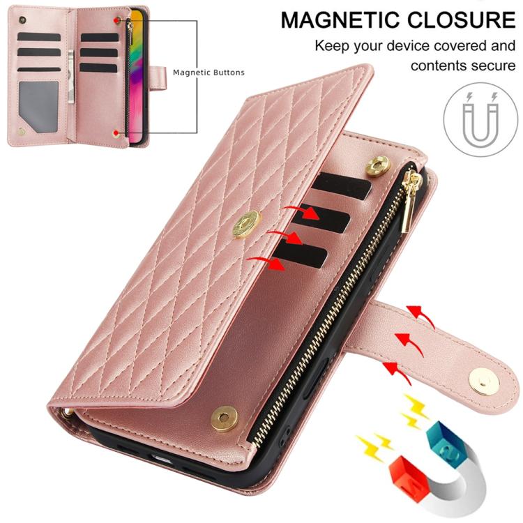 For iPhone 16 Pro YM016 Rhombic Zipper Card Wallet Leather Phone Case with Lanyard(Rose Gold) - iPhone 16 Pro Cases by buy2fix | Online Shopping UK | buy2fix